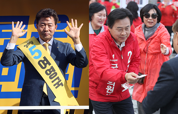 27일 오후 창원성산 국회의원 보궐선거에 출마한 더불어민주당·정의당 여영국(왼쪽) 단일후보와 자유한국당 강기윤 후보가 경남 창원시 성산구 일대에서 주민들에게 인사를 하고 있다. 연합뉴스