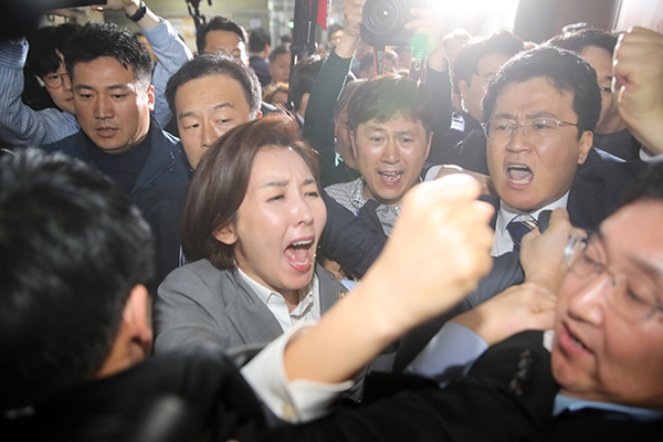 자유한국당 나경원 원내대표, 정양석 원내수석부태표를 비롯한 의원, 보좌관들이 25일 오후 서울 여의도 국회 의안과 앞에서 공수처법 등 패스트트랙 지정 법안 제출을 저지하기 위해 몸으로 막아서고 있다. 김종호 기자 kimjh@