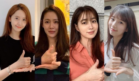 코로나19와 싸우는 의료진에게 전하는 응원 캠페인 '덕분에 챌린지'에 참여한 연예인들. (왼쪽부터)윤아·손예진·이민정·수지. SNS 캡처