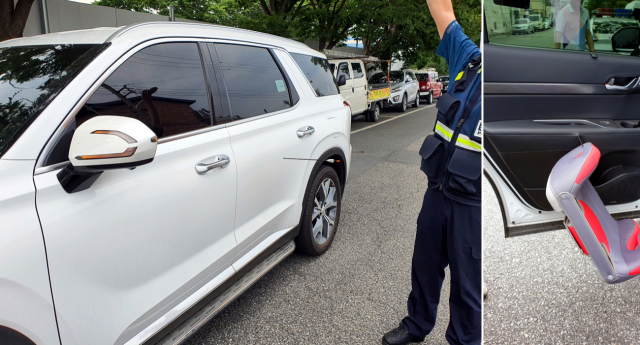 10일 오후 3시 50분께 전북 전주시 덕진구 한 양궁장에서 날아온 화살이 차체를 뚫고 유아용 카시트에 박혀 있다. 독자제공. 연합뉴스