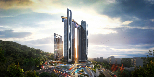 올 하반기 부산지역 최대 도시정비 사업인 대연8구역 재개발사업의 시공권을 놓고 1군 건설사들의 수주전이 불붙었다. HDC현대산업개발-롯데건설 사업단이 미국 디자인그룹 SMDP와 손잡고 설계한 대연8구역 광역조감도와 랜드마크동 투시도. HDC현대산업개발-롯데건설 제공