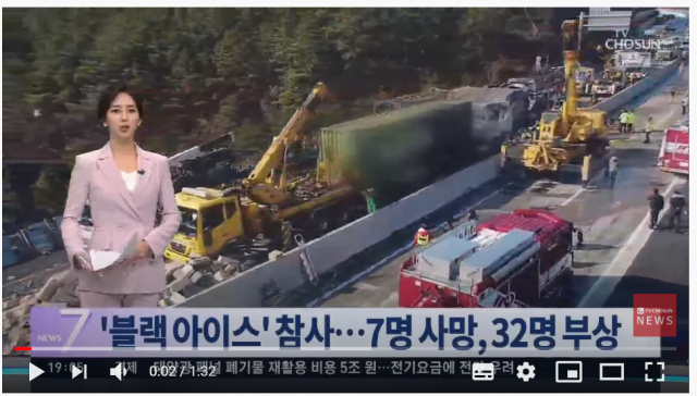 지난해 12월 상주~영천 고속도로 한 구간에서 블랙아이스(Black Ice, 도로 살얼음) 때문에 양방향에서 44대 연쇄 추돌 사고가 발생해 7명이 숨지고 30여 명이 다쳤다. 당시 사고 뉴스 보도 장면 캡처