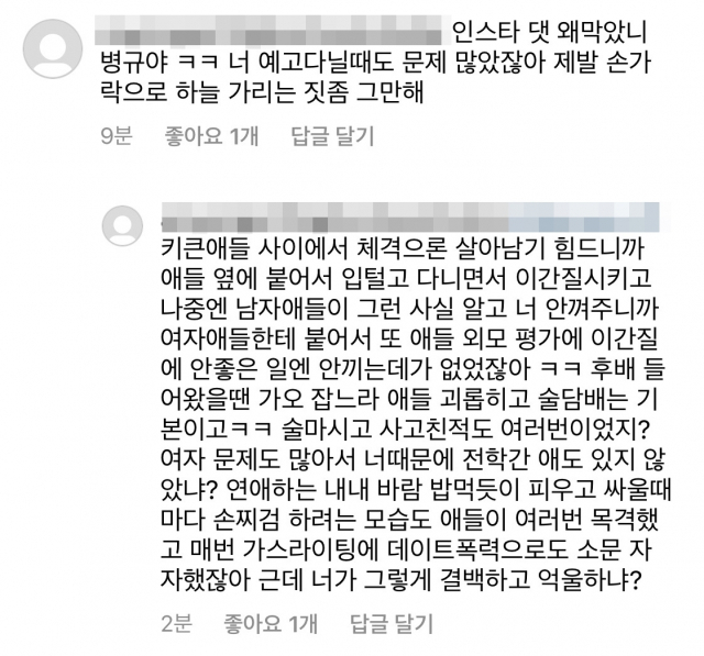 누리꾼 B 씨가 조병규의 인스타그램에 남긴 댓글. 조병규 인스타그램 캡쳐.