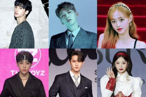 연예계에 ‘학폭 미투’ 바람이 거세게 불고 있는 가운데 이번엔 아이돌 그룹 멤버들이 줄줄이 학교폭력 가해 의혹을 받고 있다. (시계 방향으로) 학폭 가해 의혹을 받고 있는 스트레이키즈 현진, 몬스터엑스 기현, 이달의 소녀 츄, (여자)아이들 수진, 세븐틴 민규, 더보이즈 선우. 각 소속사 제공