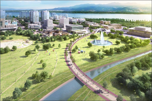 명지국제신도시 2단계 중앙공원과 인공수로, 국회도서관 부산분관, 문화복합시설 예시도. LH 제공