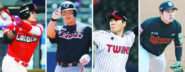 부산 연고 롯데 자이언츠가 꼴찌로 추락한 반면 부산 출신 출향 야구인들은 소속 팀의 승리를 이끌며 맹활약을 펼치고 있다. 왼쪽부터 SSG 랜더스 추신수, 한화 이글스 노시환, LG 트윈스 김대유, kt 위즈 신본기. 연합뉴스