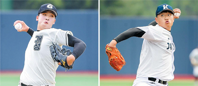한국야구위원회가 오는 23일 2022년도 1차 신인 드래프트를 실시한다. 롯데 자이언츠의 1차 지명 후보로 유력하게 거론되는 부산 개성고 우완 투수 이민석(왼쪽)과 경남고 좌완 투수 김주완이 지난 7월 열린 제76회 청룡기 전국고교야구선수권대회에서 역투하고 있다. 스포츠조선 제공
