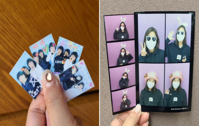 기자가 친구들과 2008년 찍은 스티커 사진(왼쪽)과 4컷 사진 비교. 4컷 사진은 기본 1x4 형태와 2x2 형태로도 찍을 수 있다.