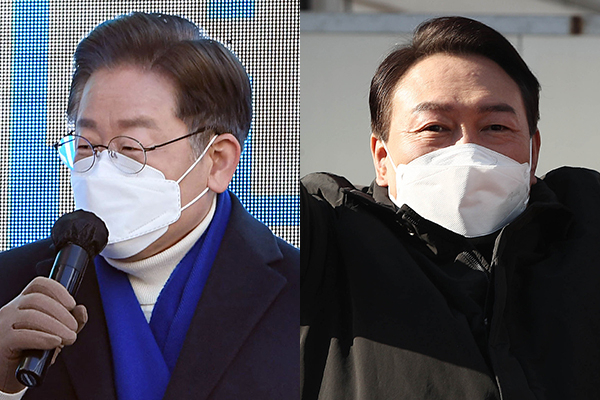 더불어민주당 이재명 대선 후보(왼쪽), 국민의힘 윤석열 대선후보. 연합뉴스