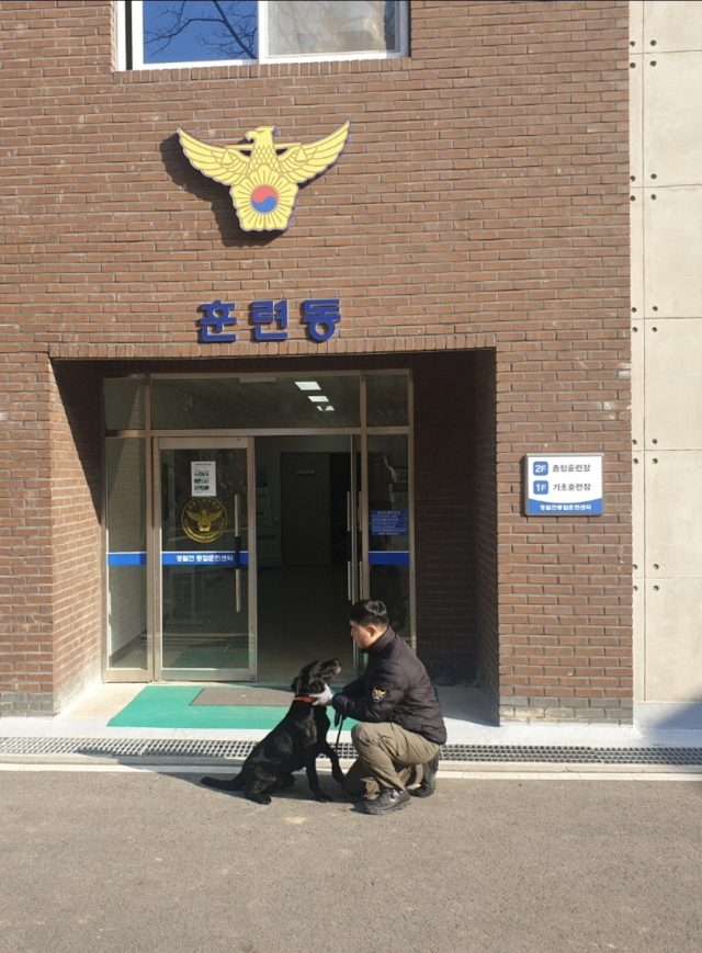 경찰견종합훈련센터는 체계적인 훈련을 통해 다양한 방면에서 경찰견이 활동할 수 있도록 교육하고 있다. 폭발물 탐지견인 래브라도 리트리버 맥스와 김민철 경위. 경찰견종합훈련센터 제공
