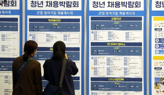 사진은 부산 벡스코 컨벤션홀에서 열린 ‘2021 해운대구 청년 채용박람회’를 찾은 구직자들이 채용 게시판을 살펴보고 있다. 부산일보DB