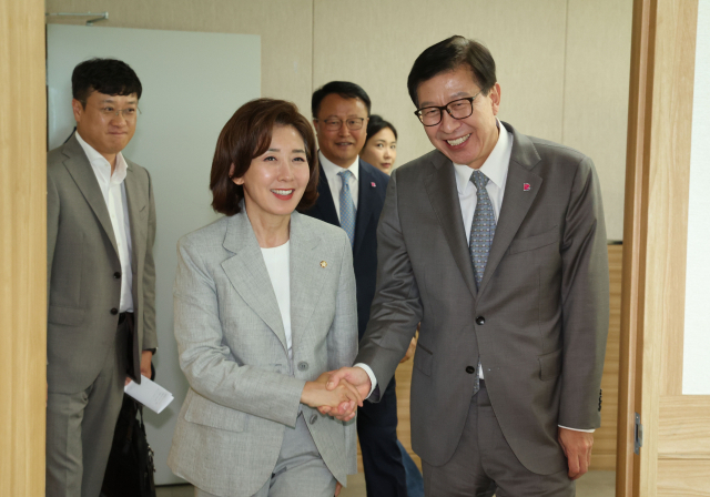 26일 부산을 방문한 나경원 국민의힘 당대표 후보가 사하구 현대미술관에서 박형준 부산시장을 만나 인사를 나누고 있다. 정종회 기자 jjh@