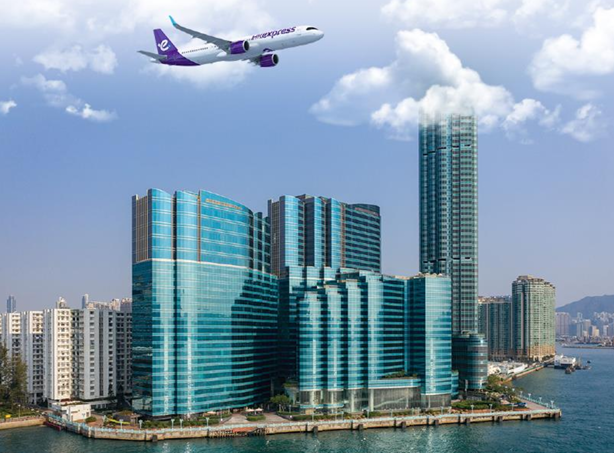 홍콩익스프레스 항공기와 하버플라자 호텔 합성 사진. 홍콩익스프레스 제공