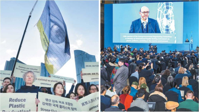 25일 부산 수영만 요트경기장에서 그린피스가 눈 모양의 대형 깃발을 게양하며 강력한 플라스틱 절감 대책을 촉구하고 있다(왼쪽). 같은 날 벡스코에서는 유엔 플라스틱 협약 제5차 정부간협상위원회 회의(INC-5) 개회식이 열렸다. 정대현·김종진 기자 jhyun@