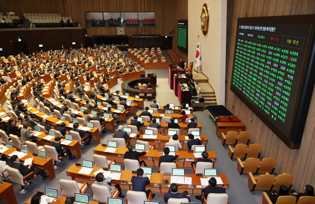 지난 26일 국회 본회의에서 ‘이동통신 단말장치 유통구조 개선에 관한 법률(단통법) 폐지 법률안’이 통과되고 있다. 연합뉴스