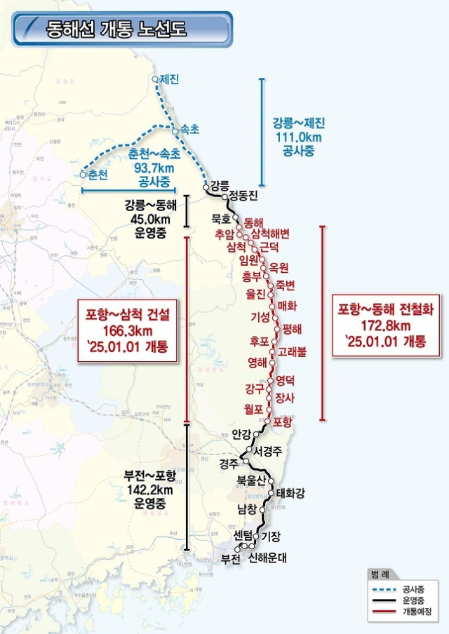 동해선 노선도와 정차역. 국토교통부 제공