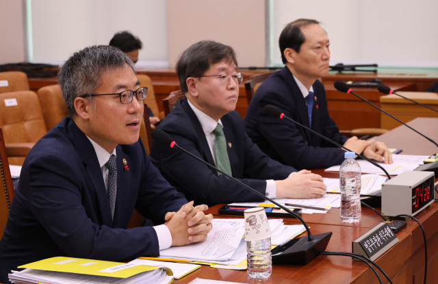 20일 윤석열 대통령 지지 시위대의 서울서부지법 청사 불법 진입 및 난동 사태와 관련한 긴급 현안질의가 열린 국회 법제사법위원회 전체회의에서 김석우 법무장관 대행이 의원 질의에 답변하고 있다. 왼쪽부터 김석우 법무장관 대행, 배형원 법원행정처 차장, 이완규 법제처장. 연합뉴스