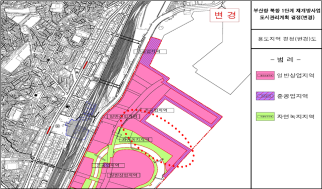 복합항만지구(E-1-1) 지구단위 계획(붉은 점선 표시된 지역이 해양 관련 기관 클러스터 조성사업 대상지). 해수부 제공