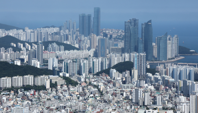 부산 수영구 금련산 전망대에서 바라본 수영구와 해운대구의 도심 모습. 대형 아파트 단지들이 한눈에 들어온다. 정종회 기자 jjh@