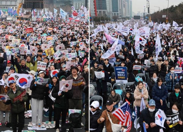 1일 서울 경복궁역 일대에서 윤석열즉각퇴진·사회대개혁 비상행동 주최 범시민 대행진(왼쪽)이, 여의대로에서는 세이브코리아 주최로 윤석열 대통령 탄핵 기각을 촉구하는 '3·1절 국가비상기도회'가 각각 열리고 있다. 연합뉴스