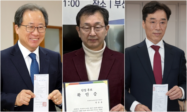 4·2 부산교육감 재선거에 출마한 김석준(왼쪽)·최윤홍(오른쪽) 후보가 각각 13일 오전과 오후 부산 연제구 부산시선거관리위원회에서 후보자 등록을 마쳤다. 정승윤(가운데) 예비 후보는 14일 후보 등록에 나설 예정이다. 사진은 가나다순. 정대현·정종회 기자 jjh@