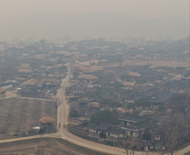 26일 경북 안동시 하회마을이 회색 연기와 연무로 가득하다. 산불은 하회마을에서 직선거리로 7km 떨어진 의성군 안사면에서 발생했는데 바람이 하회마을 방향으로 불면서 연기가 밀려온 것으로 알려졌다. 연합뉴스