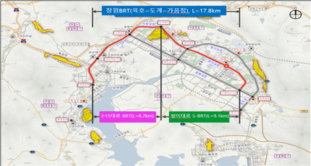 창원 BRT 1·2단계 사업 위치도. 부산일보 DB
