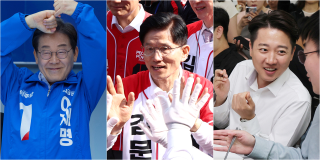시민들과 소통하는 이재명·김문수·이준석 대선후보들 (서울=연합뉴스) 황광모 박동주 유영석 기자 = 14일 더불어민주당 이재명 대선 후보(사진 왼쪽부터)가 부산진구 서면에서, 국민의힘 김문수 대선 후보가 경남 진주시 진주광미사거리에서, 개혁신당 이준석 대선 후보가 부산 금정구 부산대학교에서 시민들과 소통하고 있다. 연합뉴스