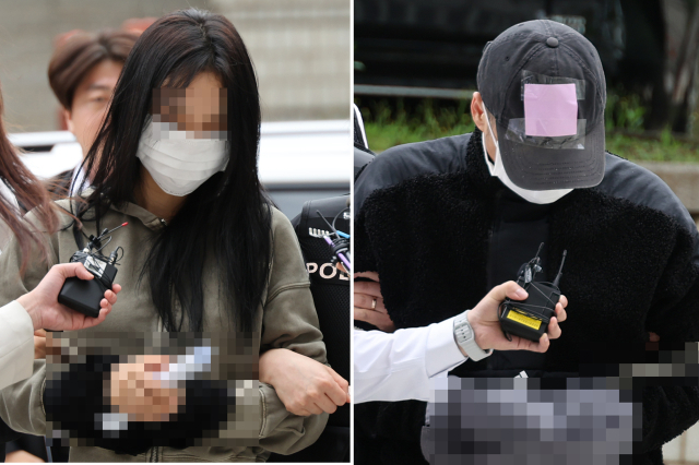 축구 국가대표팀 주장 손흥민의 아이를 임신했다고 주장하며 손씨에게 돈을 뜯어내려 한 20대 여성 양 모 씨(왼쪽)와 40대 남성 윤 모 씨가 17일 영장실질심사를 받기 위해 서울중앙지법에 들어서고 있다. 연합뉴스