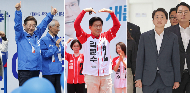 더불어민주당 이재명 대선 후보가 21일 인천광역시 부평역 북광장에서 열린 집중유세에서 시민들에게 인사하고 있다. 국민의힘 김문수 대선 후보가 21일 경기 고양시 덕양구 화정역 문화광장 앞에서 집중유세를 하고 있다. 개혁신당 이준석 대선 후보가 21일 경기 성남의료원에서 간담회를 위해 이동하고 있다. 연합뉴스