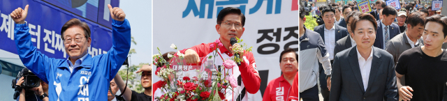더불어민주당 이재명 대선후보가 21일 인천광역시 부평역 북광장에서 시민들에게 인사하고 있다(왼쪽). 같은 날 국민의힘 김문수 대선후보가 경기 고양시 화정역 문화광장 앞에서 집중 유세를 하고 있고 개혁신당 이준석 대선후보는 경기 성남의료원으로 들어서고 있다. 연합뉴스