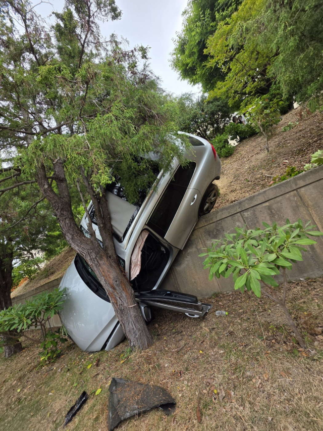 13일 오전 9시께 부산 해운대구 재송동 부산지방법원 동부지원 주차장에서 주차를 하던 차량이 1m 아래 비탈길로 추락해 운전자가 다쳤다. 부산 해운대경찰서 제공