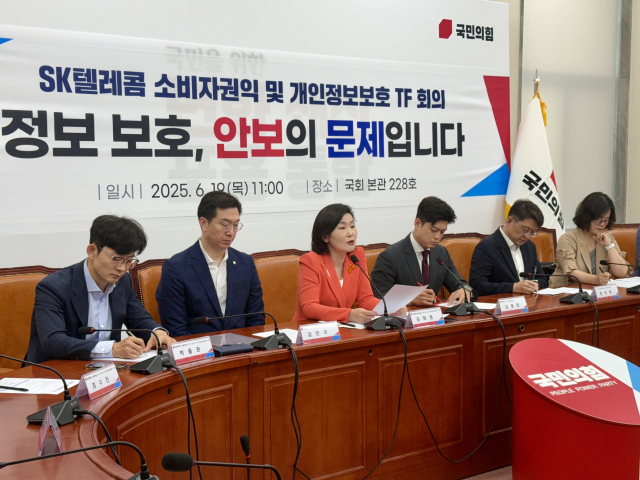 국민의힘은 19일 오전 국회에서 ‘SK텔레콤 소비자 권익 및 개인정보보호 TF’ 회의를 열고 소비자 보호, 정보보안 체계 강화 등의 문제를 논의했다. 사진은 TF 위원장인 국민의힘 김희정 의원(가운데 붉은색 옷)이 발언하는 모습. 김희정 의원실 제공