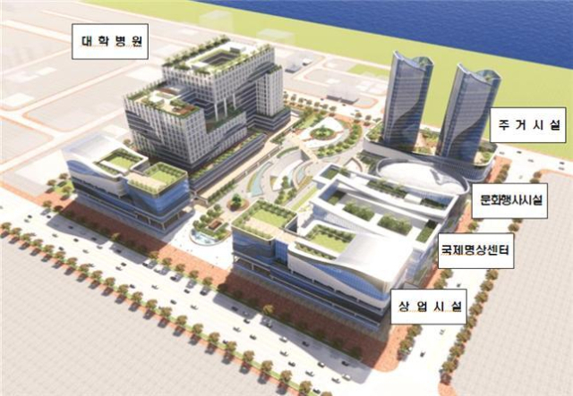 부산시는 19일 오후 동국대학교, (주)엠케이에이에이치, 부산진해경제자유구역청과 ‘명지 복합 메디컬 타운’ 조성을 위한 4자 간 업무협약을 체결했다고 이날 밝혔다. 명지 복합 메디컬 타운 조감도. 부산시 제공