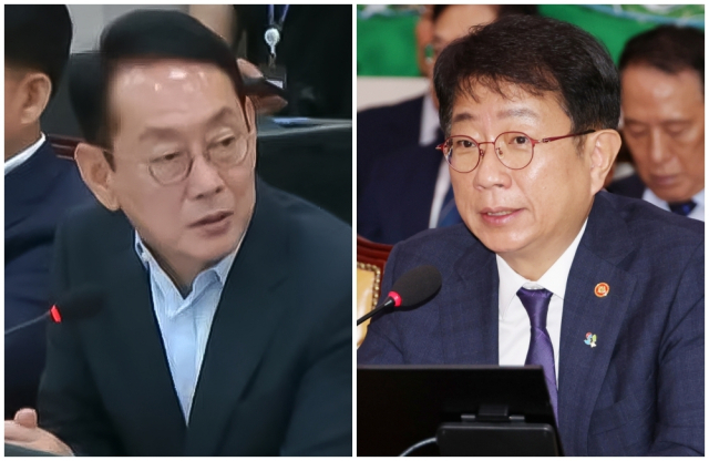 25일 국회에서 열린 국토교통위원회 전체회의에서 국민의힘 김도읍(왼쪽) 의원이 가덕신공항 공사 지연 문제 등에 대해 질문하고 있다. 박상우 국토교통부 장관이 이날 회의에서 의원들의 질의에 답변하고 있다. MBC 방송 화면 캡처·연합뉴스