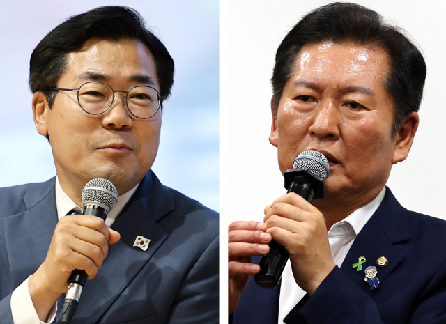 더불어민주당 당 대표 선거에 출마한 정청래 의원(오른쪽)과 박찬대 의원은 주말 지역 당원들과 만나 본격적인 표심 잡기에 나섰다. 5일 전주대학교에서 열린 토크콘서트에 참석한 박찬대 의원과 6일 광주 김대중컨벤션 센터에서 열린 '국민이 지키는 나라' 북콘서트에 참석한 정청래 의원. 연합뉴스