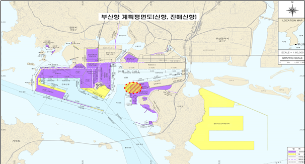 부산항 계획평면도(신항, 진해신항). 빨간 테두리 점선 부분이 부산항 신항 피더·잡화부두 대상지. 해수부 제공