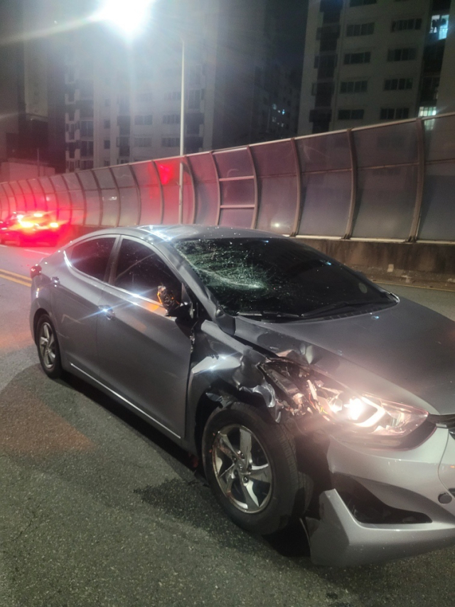 18일 오전 1시 20분께 부산 부산진구 부암동 부암고가도로에서 중앙선을 침범한 오토바이와 반대편에서 달리던 승용차가 충돌해 오토바이 운전자가 숨졌다. 부산 부산진경찰서 제공