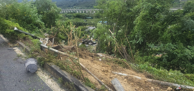 1일 오전 10시 20분께 경남 창원시 의창구 동읍 남해고속도로 부산 방향 창원분기점 인근에서 트레일러가 오른쪽 가드레일을 충격하고 그대로 도로 아래로 추락해 전도돼 있다. 독자 제공