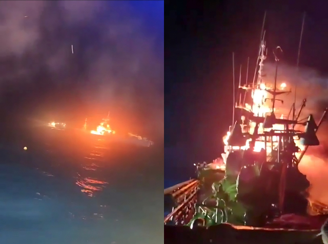 12일 오전 3시 50분께 제주 서귀포시 마라도 남동쪽 약 35㎞ 해상에서 부산 선박인 대형선망어선에서 화재가 발생해 6명이 인근 병원으로 옮겨졌다. 독자 제공