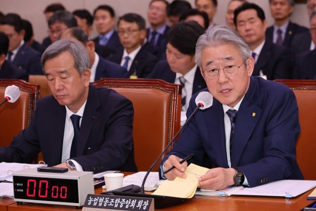 강호동 농업협동조합중앙회 회장(오른쪽)이 24일 국회 농림축산식품해양수산위원회에서 열린 국정감사에서 의원 질의에 답하고 있다. 연합뉴스