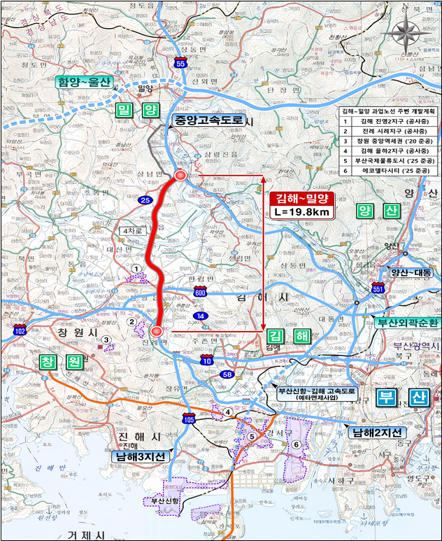 김해~밀양 고속도로 신설 사업 개요 및 위치도. 사업구간은 경남 김해시 진례면∼밀양시 상남면, 사업 규모는 왕복 4차로 신설, 총연장 19.8km, 총사업비는 1조 6139억원(예타결과 기준). 국토부 제공