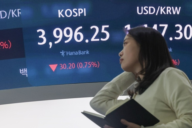 지난 7일 서울 중구 하나은행 본점 딜링룸 현황판에 코스피 지수가 표시돼 있다. 연합뉴스