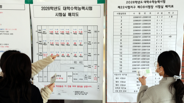 2026학년도 대학수학능력시험을 하루 앞둔 12일 오전 부산의 한 시험장을 찾은 고3 수험생들이 배치도를 보며 자신이 시험을 치를 교실을 확인하고 있다. 올해 부산지역 수능 지원자는 2만 8883명이며 이들은 13일 부산지역 62개 시험장에서 수능 시험에 응시한다. 정종회 기자 jjh@