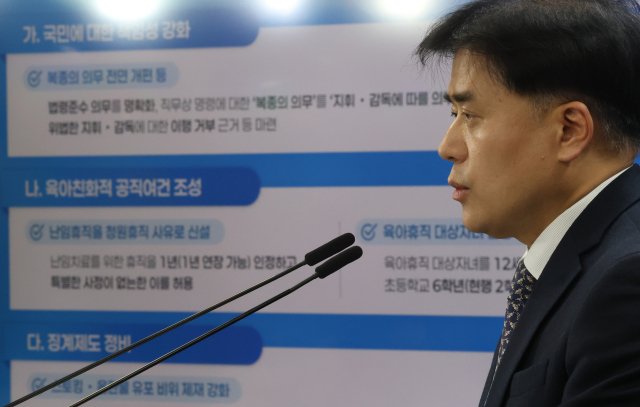 박용수 인사혁신처 차장이 25일 정부서울청사에서 국가공무원법 개정안 입법예고 브리핑을 하고 있다. 연합뉴스