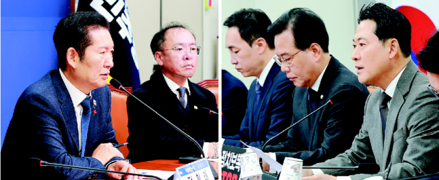 더불어민주당 정청래 대표가 11일 국회에서 열린 소상공인 민생 현안 청취 간담회에 참석해 인사말하고 있다(왼쪽). 같은 날 국민의힘 장동혁 대표가 국회에서 열린 최고위원회의에서 발언하고 있다. 연합뉴스