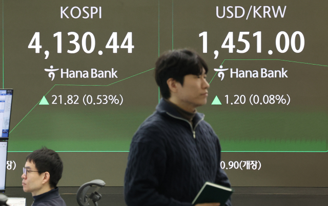 26일 오전 서울 중구 하나은행 본점 딜링룸 현황판에 코스피가 표시돼 있다. 연합뉴스