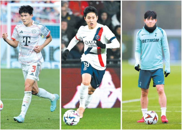 손흥민의 미국 이적 후 영국 프리미어리그(EPL) 울버햄프턴 황희찬이 부진한 가운데 독일 뮌헨의 김민재와 프랑스 생제르맹의 이강인은 꾸준히 맹활약하고 있다. EPL 2부의 포츠머스 양민혁과 스완지시티의 엄지성 등은 최근 상승세다. 사진은 왼쪽부터 김민재, 이강인, 양민혁. 부산일보 DB