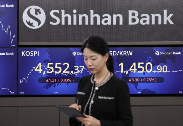 신한은행 딜링룸에서 직원이 코스피 종가를 확인하는 모습. 신한은행 제공.