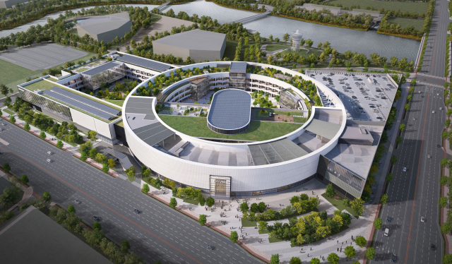 부산 강서구 에코델타시티에 들어서는 ‘더현대 부산’ 조감도. 백화점과 아웃렛을 결합한 하이브리드형 복합쇼핑몰로, 별도 현지법인 없이 현대백화점 본사가 건립을 추진하고 있다. 현대백화점 제공